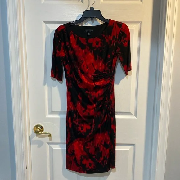 connected apparel red and black dress Connected Apparel Womens Black & Burgundy Ruched Waist Dress 3/4 Sleeve  Size 12